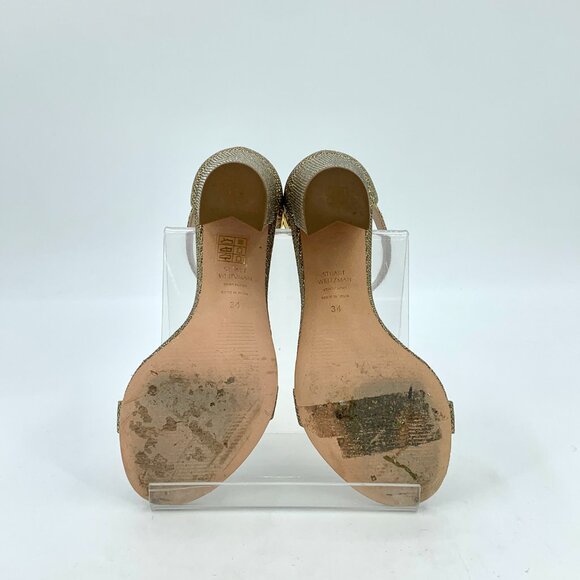 H15286 Stuart Weitzman Size 34 Gold Strap Chunky Heeled Sandals Slightly Worn - Picture 5 of 8